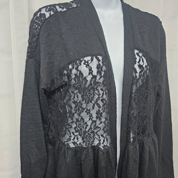 Black Lace Knit Cardigan Twee Coquette Whimsigoth Ribbed Sheer Y2K L - Picture 5 of 12